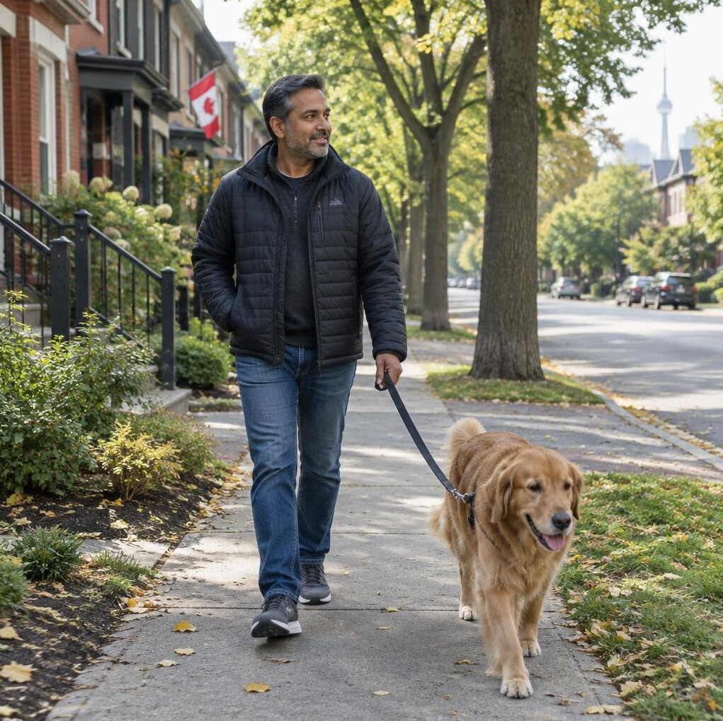Person walking a dog along a quiet residential street