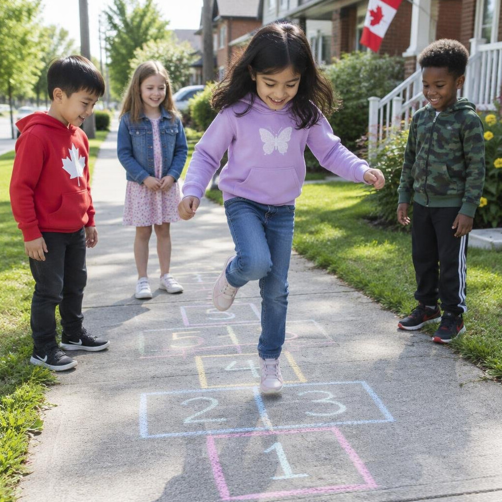 Children playing on a sidewalk in a residential neighborhood