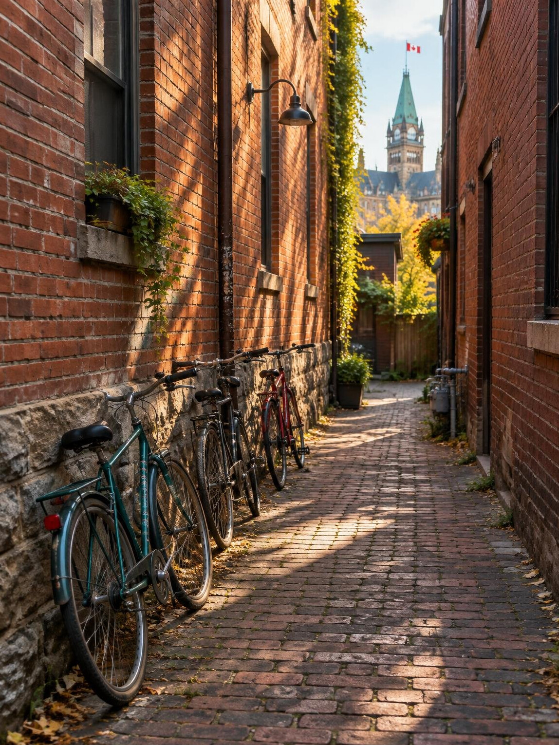 Narrow brick laneway with parked bicycles