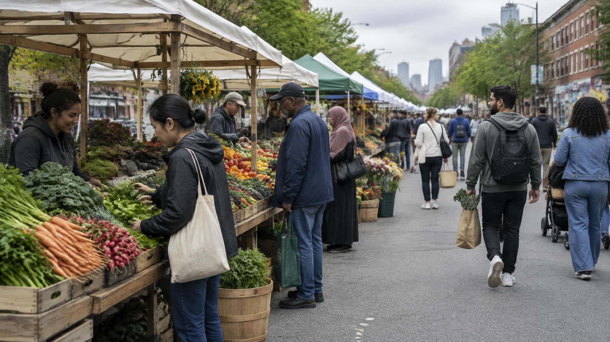 Outdoor farmers market stalls along a city street