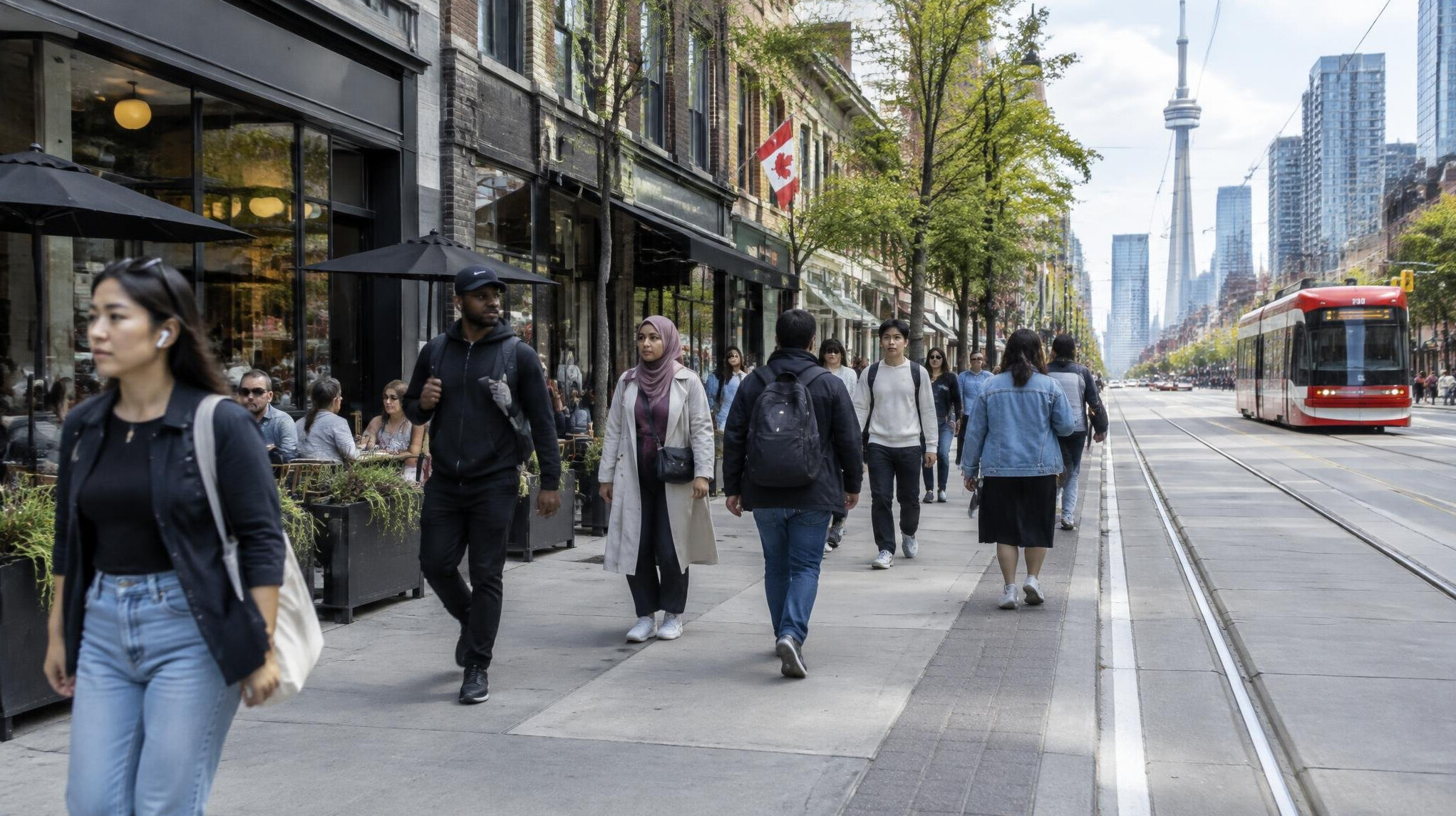 Wide street scene with pedestrians walking past storefronts in a Canadian city