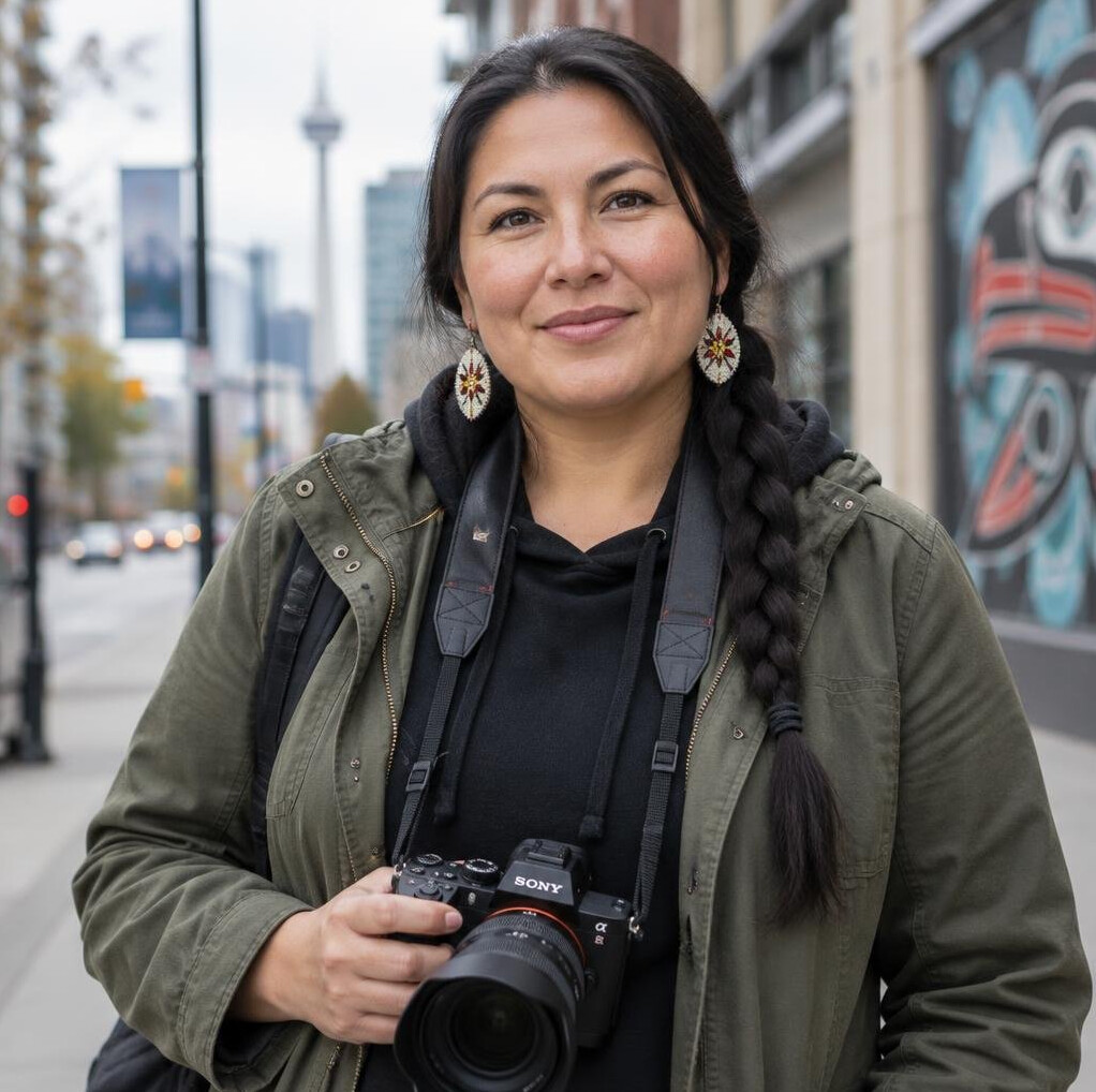 Portrait of a photographer holding a camera outdoors