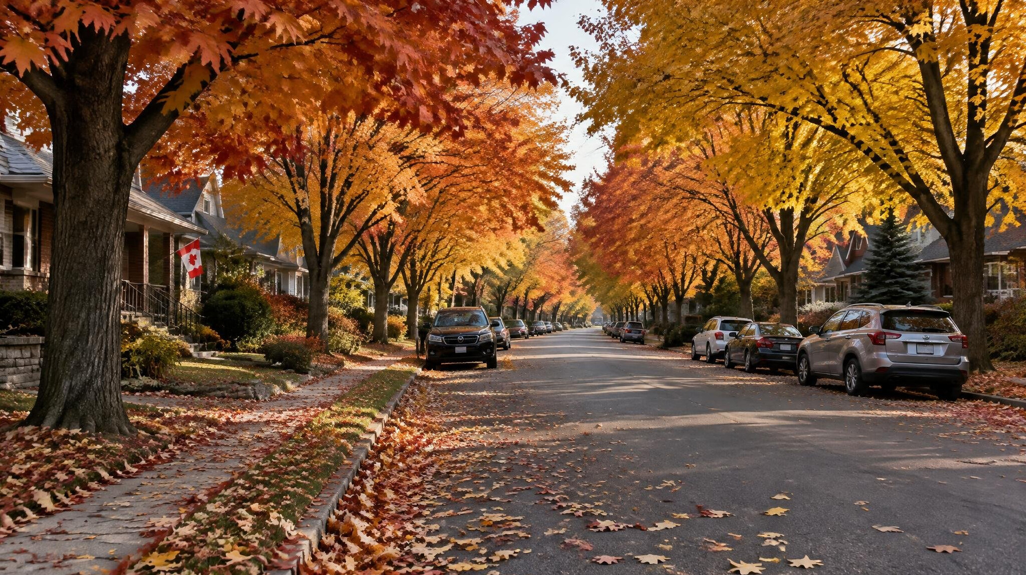 Quiet suburban street lined with maple trees in autumn