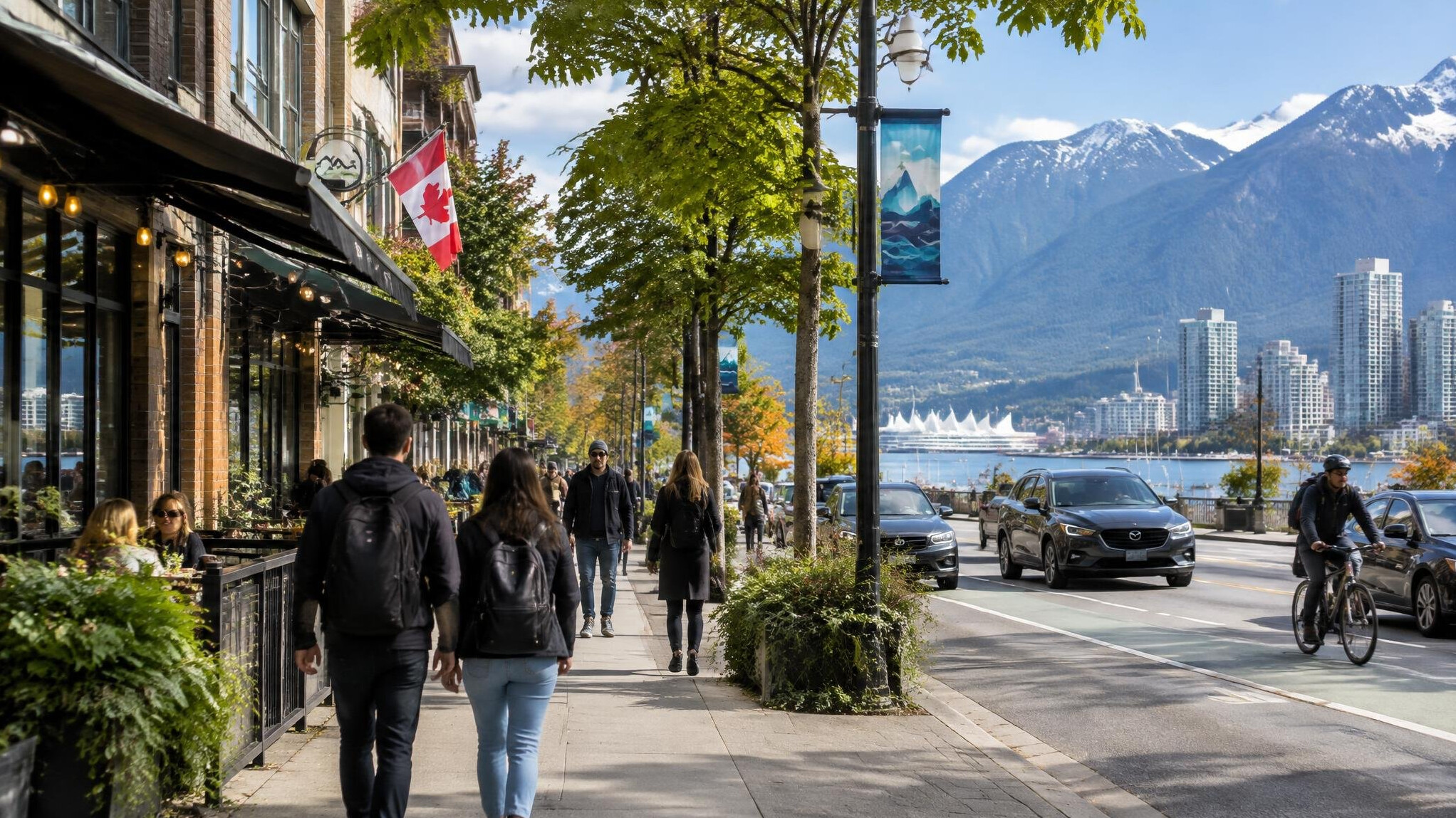 vancouver street scene with mountains