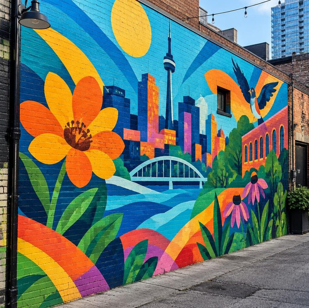 Colorful mural painted on a brick wall in a city laneway
